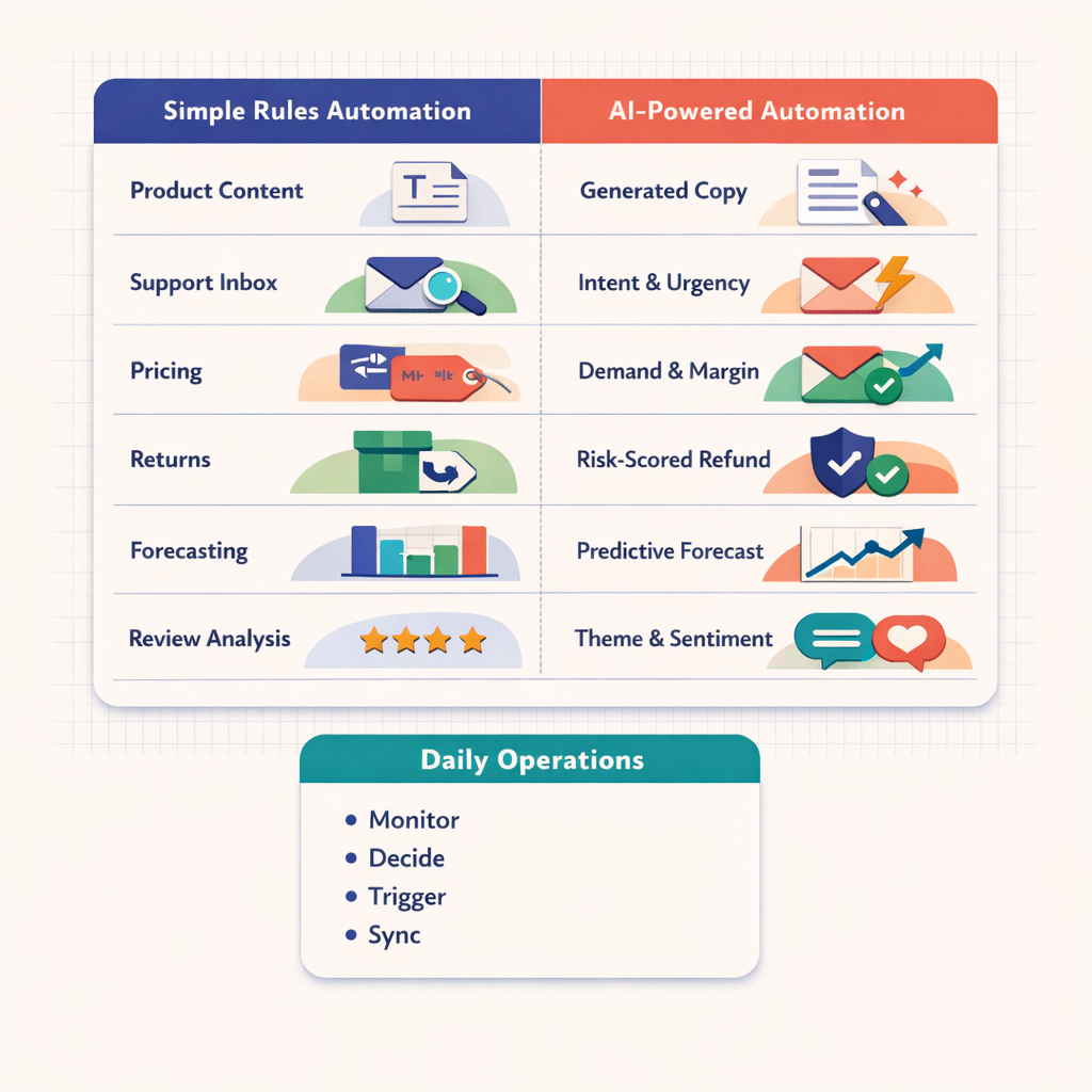 Two-column comparison table showing rules-based automation versus AI-powered automation for product content, support inbox, pricing, returns, forecasting, and review analysis with operational notes