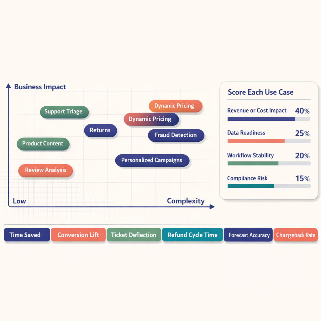 Impact-versus-complexity matrix plotting eight ecommerce automation use cases with a weighted scorecard for revenue impact, data readiness, workflow stability, compliance risk, and KPI labels