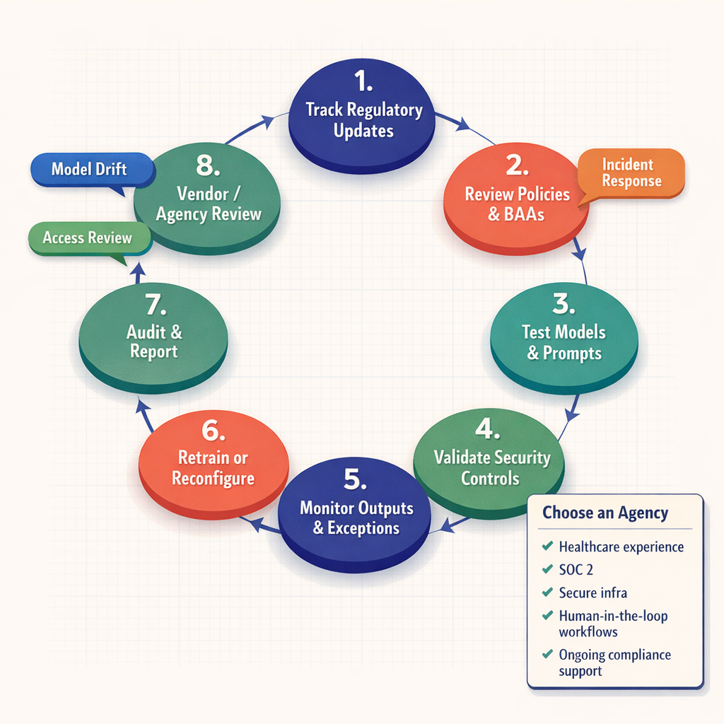 Numbered flowchart showing regulatory update tracking, policy review, model testing, security validation, output monitoring, retraining, audit reporting, and vendor review, alongside a checklist for evaluating a healthcare AI automation agency