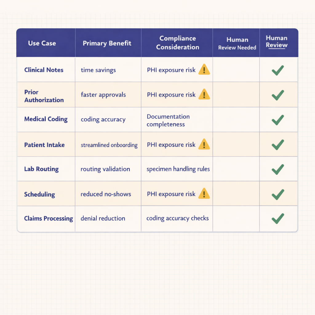 Comparison table showing healthcare automation use cases including clinical notes, prior authorization, medical coding, patient intake, lab routing, scheduling, and claims processing with columns for primary benefit, compliance considerations, human review needs, and implementation complexity