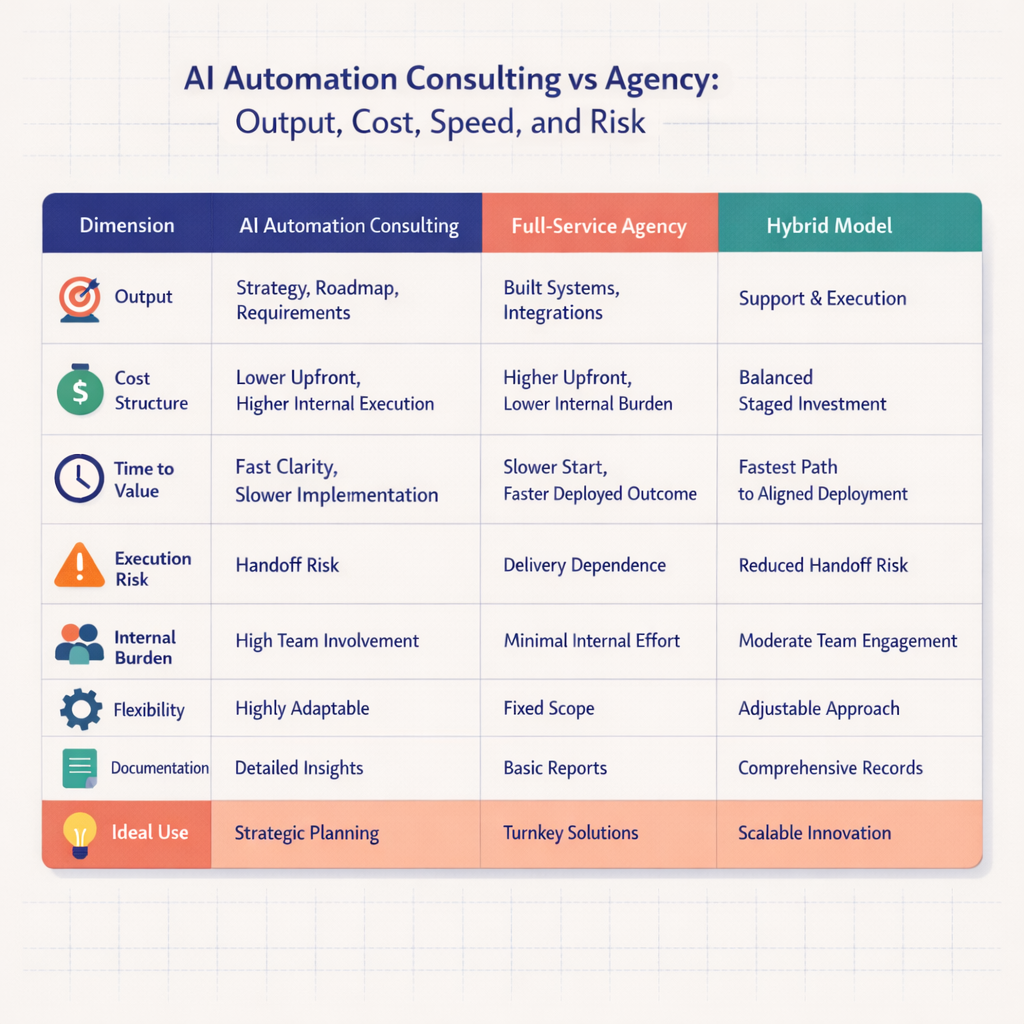 Comparison table showing consulting, agency, and hybrid models across output, cost structure, time to value, execution risk, internal team burden, flexibility, documentation quality, and ideal use