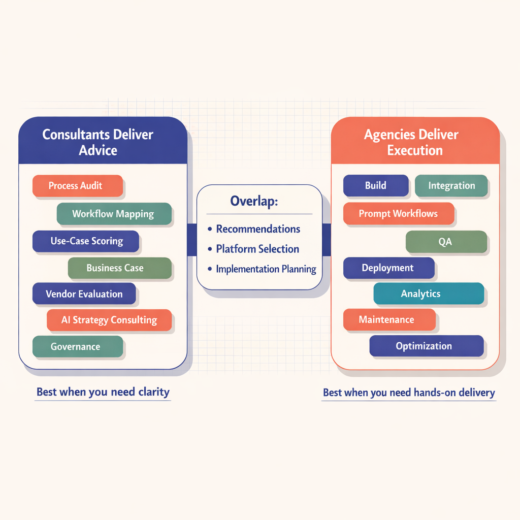 Side-by-side concept map showing consultants delivering workflow audit, use-case scoring, governance, and roadmap, while agencies deliver integrations, prompt workflows, deployment, analytics, and maintenance