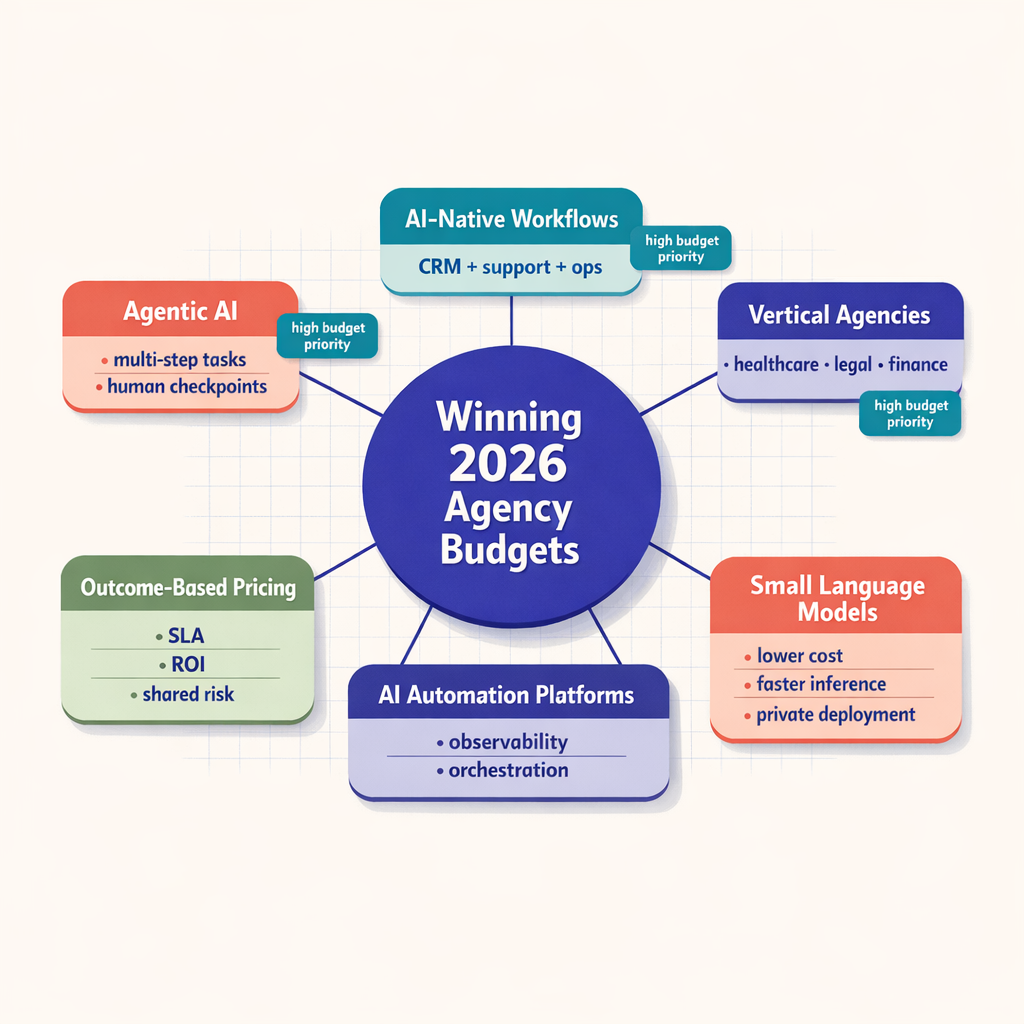 Concept map labeled Winning 2026 Agency Budgets connecting agentic AI, AI-native workflows, vertical agencies, outcome-based pricing, automation platforms, and small language models to budget allocation and execution priorities