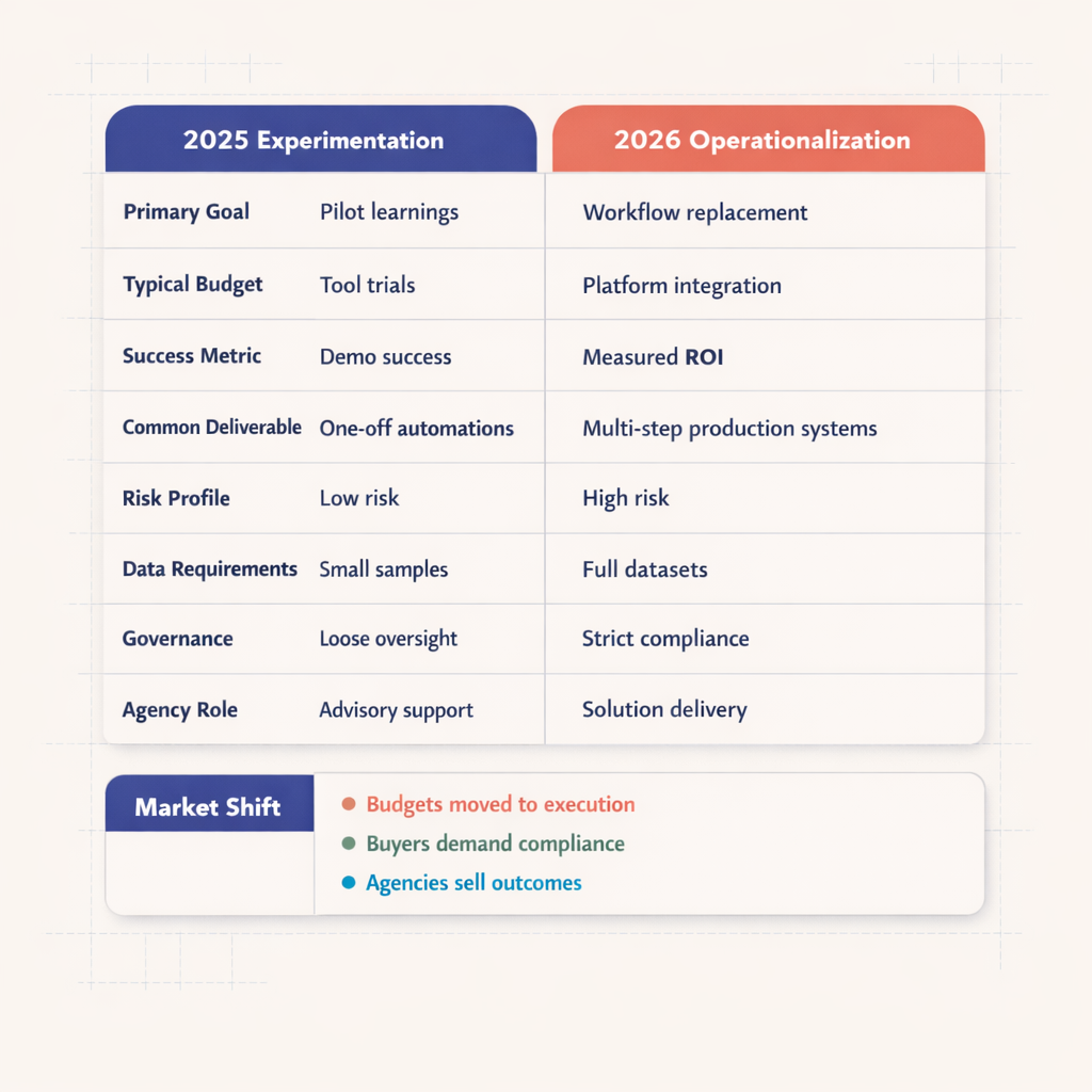Side-by-side comparison table showing 2025 AI experimentation versus 2026 AI operationalization across goals, budgets, ROI metrics, governance, deliverables, data requirements, and agency roles, with 2026 emphasized as the strategic shift