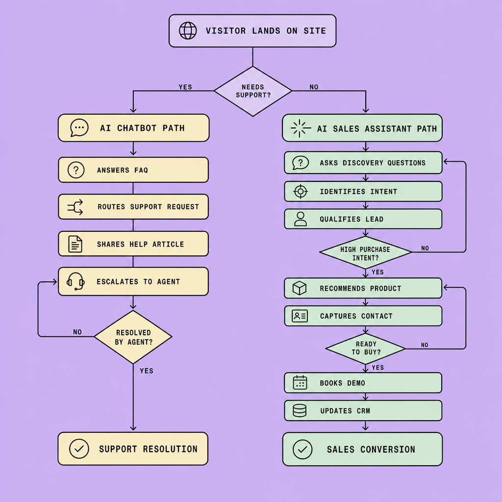 Flowchart showing a website visitor moving through discovery questions to either support resolution or sales conversion with lead qualification, product recommendation, and CRM update steps