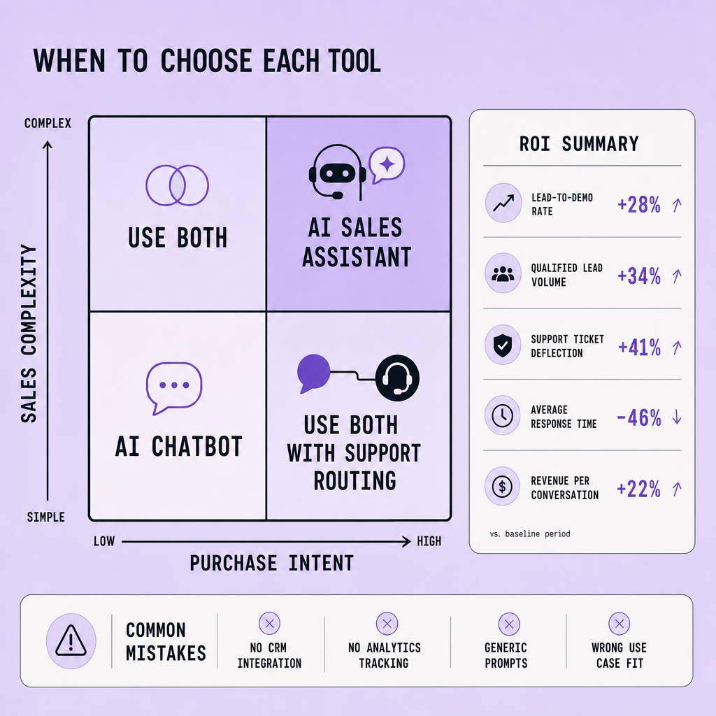 Decision matrix plotting purchase intent against sales complexity, with annotated ROI metrics for lead-to-demo rate, ticket deflection, and revenue per conversation