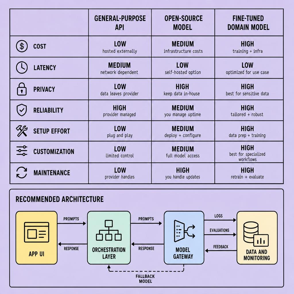 Comparison matrix showing general-purpose API, open-source model, and fine-tuned domain model rated across cost, latency, privacy, reliability, setup effort, customization, and maintenance