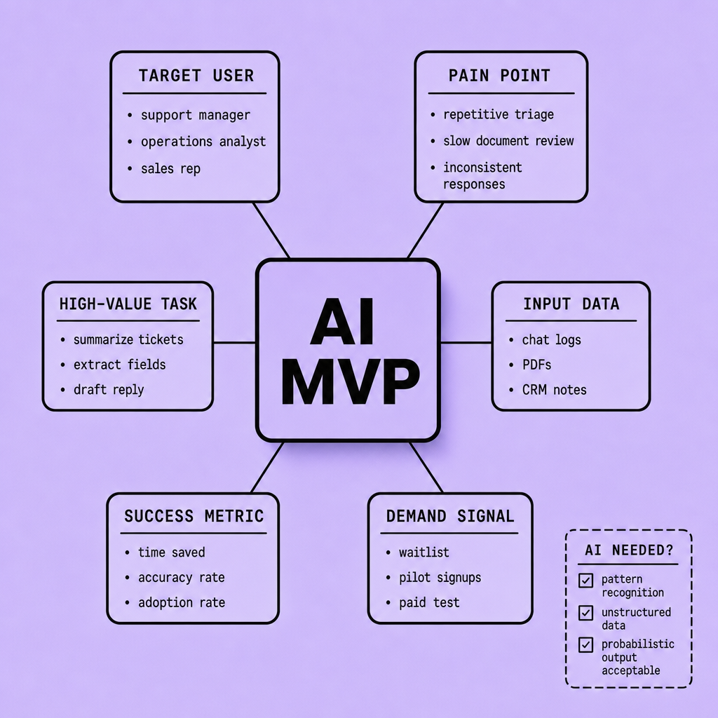 Diagram showing an AI MVP at the center connected to target user, pain point, high-value task, input data, success metric, and demand signal with example labels