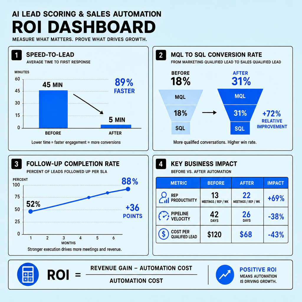 Dashboard chart comparing speed-to-lead, MQL-to-SQL conversion, follow-up completion, pipeline velocity, and cost per qualified lead before and after AI CRM automation