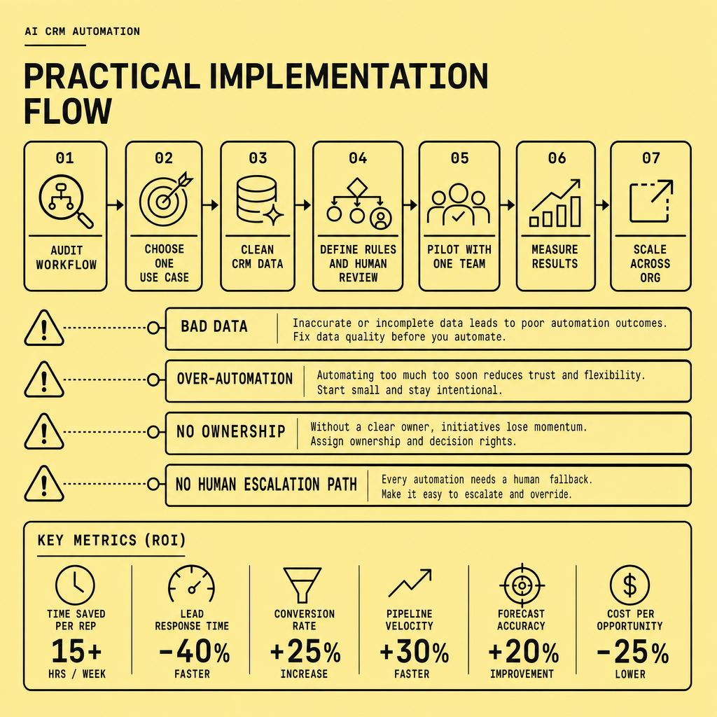 Flowchart showing CRM automation rollout from workflow audit to pilot and scale, with ROI metrics for response time, conversion rate, pipeline velocity, and warning icons for bad data