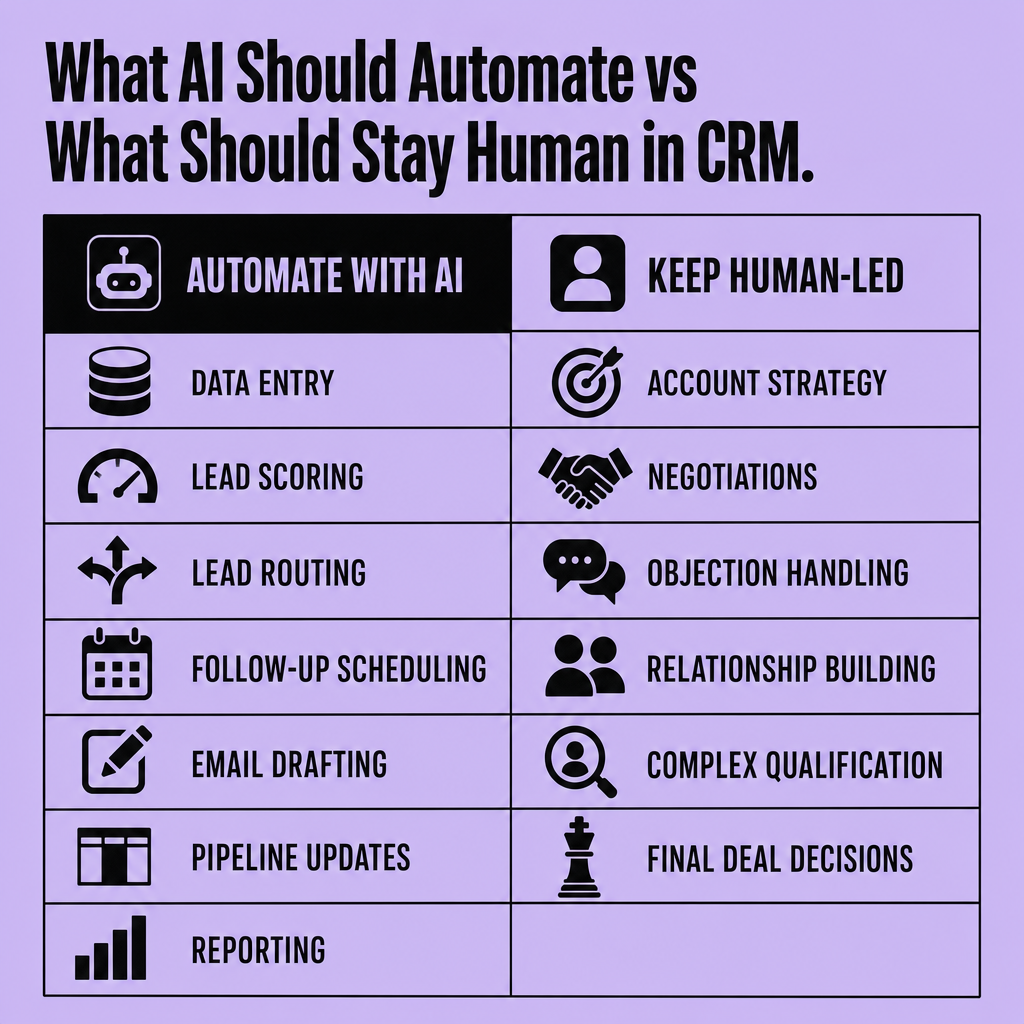 Two-column CRM comparison table showing AI-automated tasks such as lead scoring and reporting beside human-led work including negotiations, strategy, and relationship building