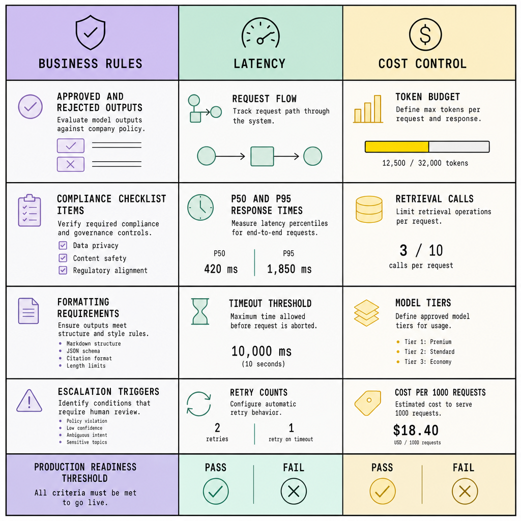 Evaluation matrix comparing accuracy, safety, and hallucinations with rows for tests, failure examples, measurement methods, and pass criteria