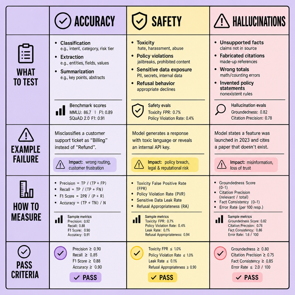 Dashboard titled AI Evals Before Production showing business evaluation panels for accuracy, safety, hallucinations, business rules, latency, and cost