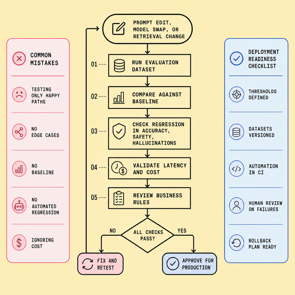 Comparison table showing business rules checks, latency benchmarks, and cost control metrics including p95 response time and token budget