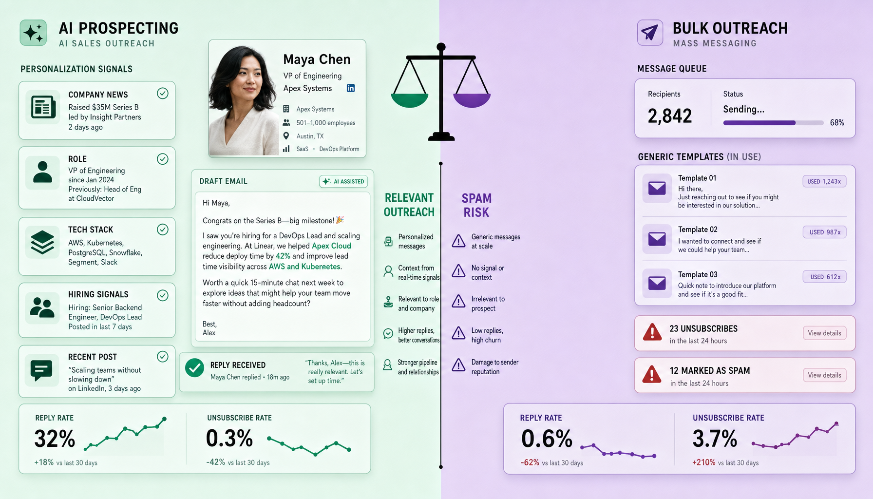 Split dashboard comparing relevant outreach using company news and role-based signals with spammy bulk emails, unsubscribe warnings, and reply-rate labels