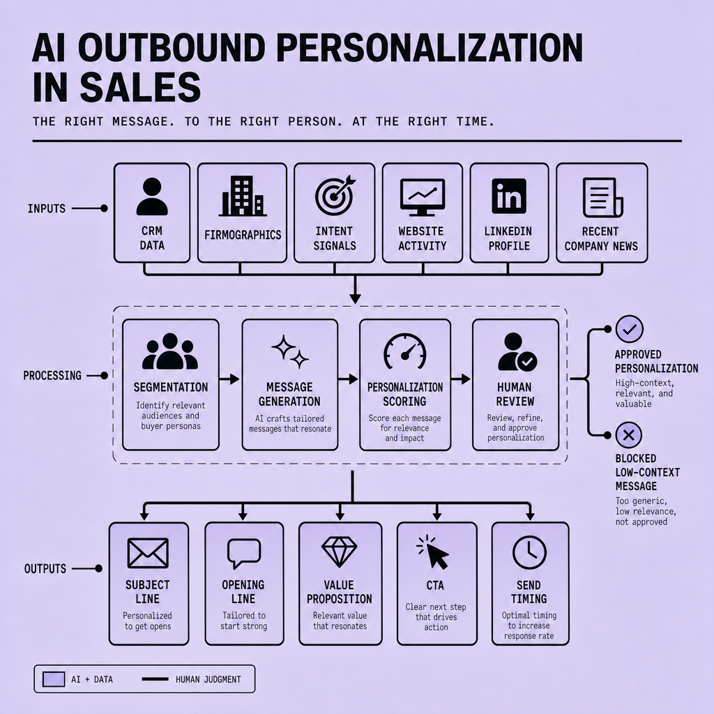 Flowchart showing CRM data, intent signals, LinkedIn profiles, and company news feeding into segmentation, AI message generation, human review, and tailored outbound email outputs