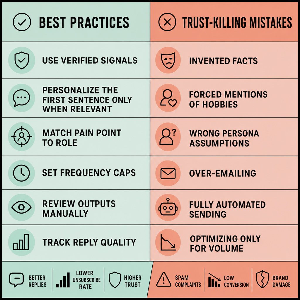 Side-by-side table comparing best practices such as verified signals and manual review with mistakes like invented facts, over-emailing, and brand damage