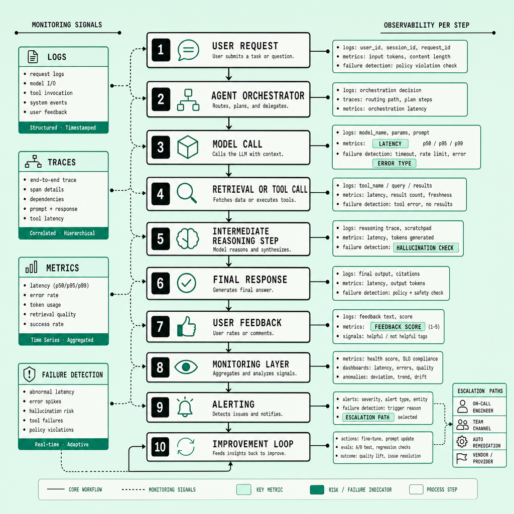 Flowchart showing a user request moving through agent planning, tool calls, AI logs, trace spans, feedback capture, hallucination checks, alert triggers, and a continuous improvement loop