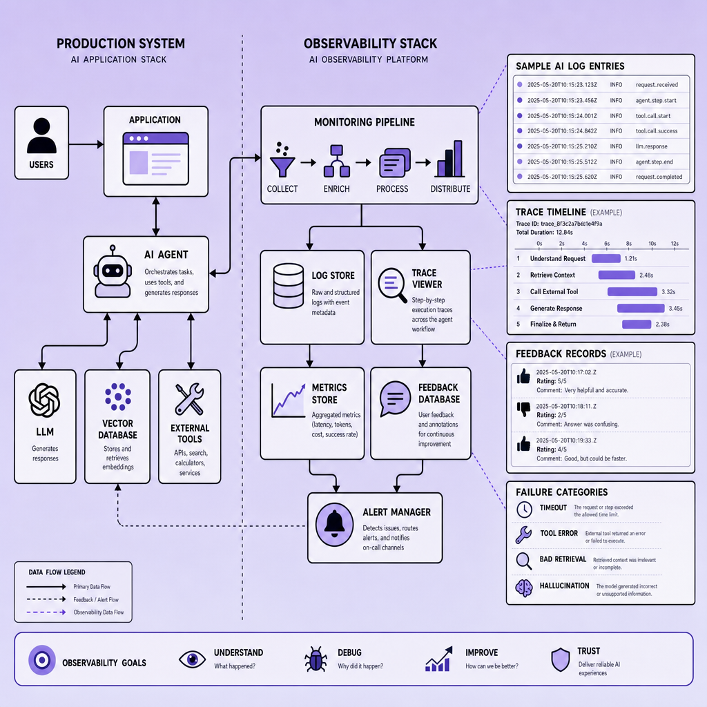 Architecture diagram showing users, an AI agent, LLM, external tools, log storage, trace pipeline, metrics system, feedback records, and an alert manager connected across production monitoring systems