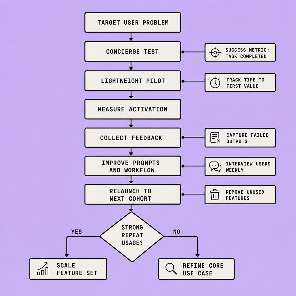 Validation flowchart showing steps from target user problem to concierge test, lightweight pilot, activation metrics, feedback collection, prompt improvements, and a decision point based on repeat usage before scaling