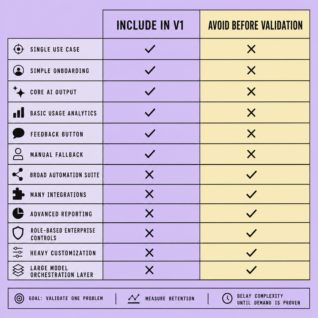 Feature matrix comparing Include in V1 versus Avoid Before Validation across rows such as single use case, onboarding, analytics, feedback button, broad automation, integrations, reporting, and enterprise controls
