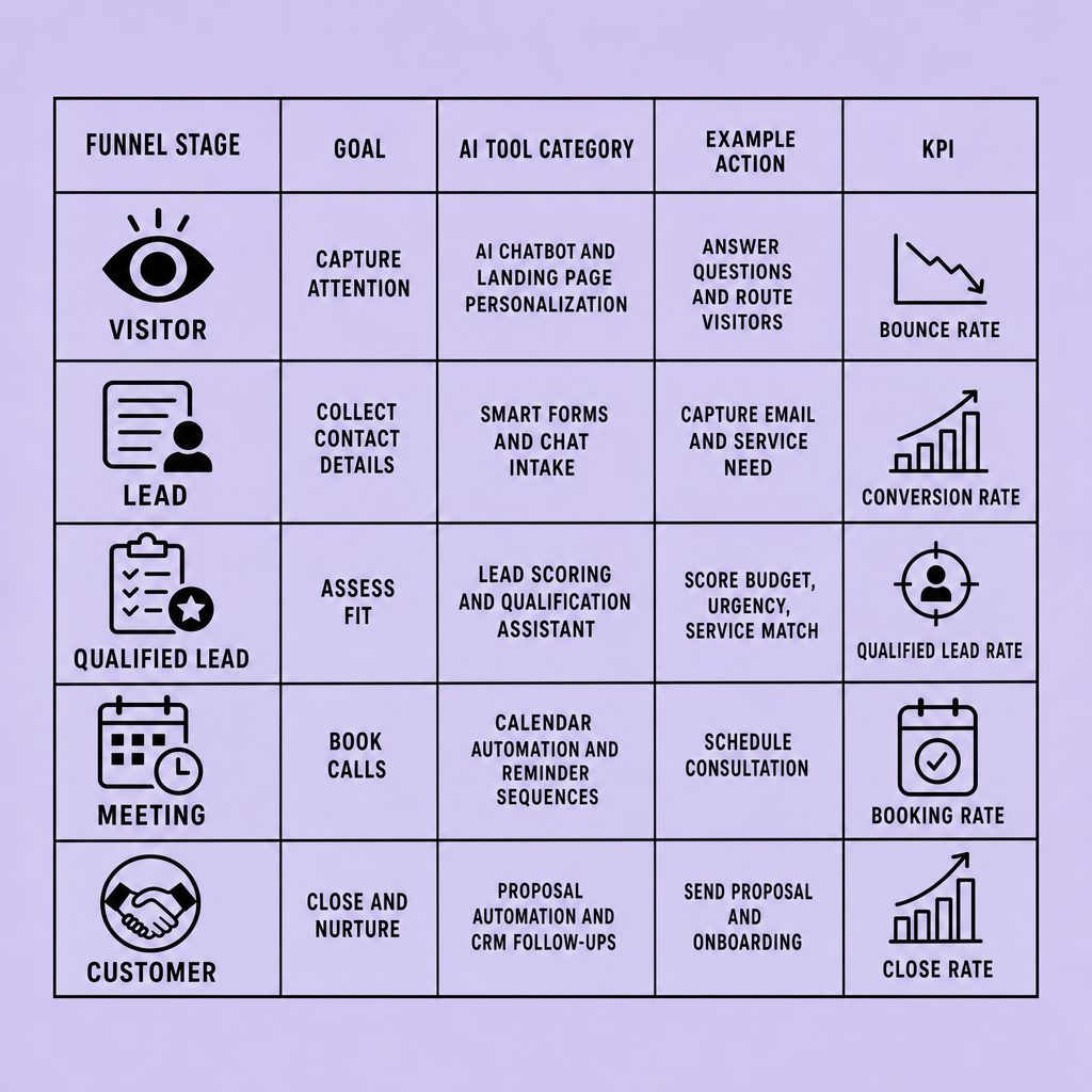 Matrix showing funnel stages mapped to goals, AI tool categories, example actions, and KPIs such as bounce rate, conversion rate, qualified lead rate, booking rate, and close rate