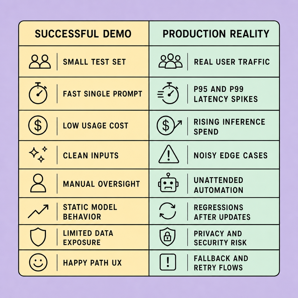 Two-column comparison table showing successful demo conditions versus production reality across latency spikes, noisy inputs, higher inference cost, regressions, privacy risk, and fallback user experience
