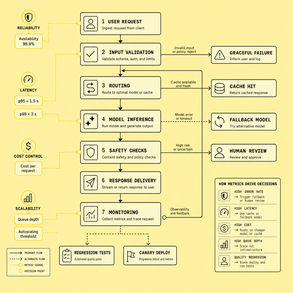 Flowchart showing a user request moving through validation, routing, model inference, safety checks, fallback branches, and monitoring with labels for p95 latency, cost per request, autoscaling, and canary deployment