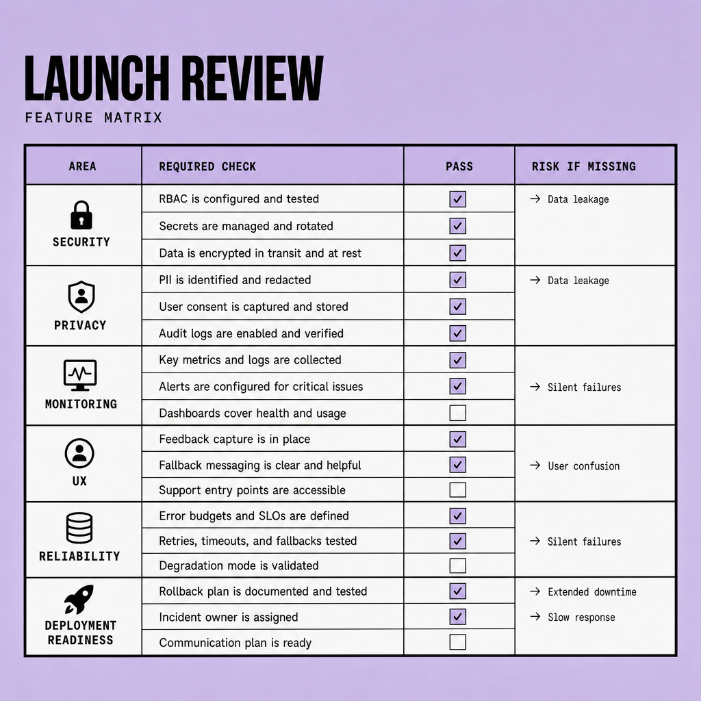 Launch review matrix showing deployment readiness checks for security, privacy, monitoring, UX, reliability, and release safety with items such as RBAC, PII redaction, alerting, rollback plan, and risk labels
