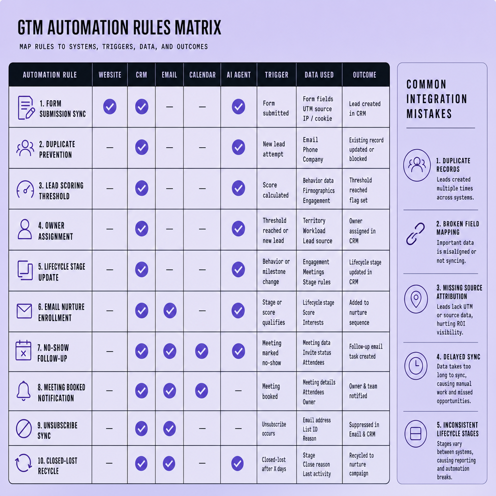 Flowchart showing website form submission entering CRM deduplication, lead scoring, AI qualification, email follow-up, calendar booking, and sales notification with labeled fields at each step