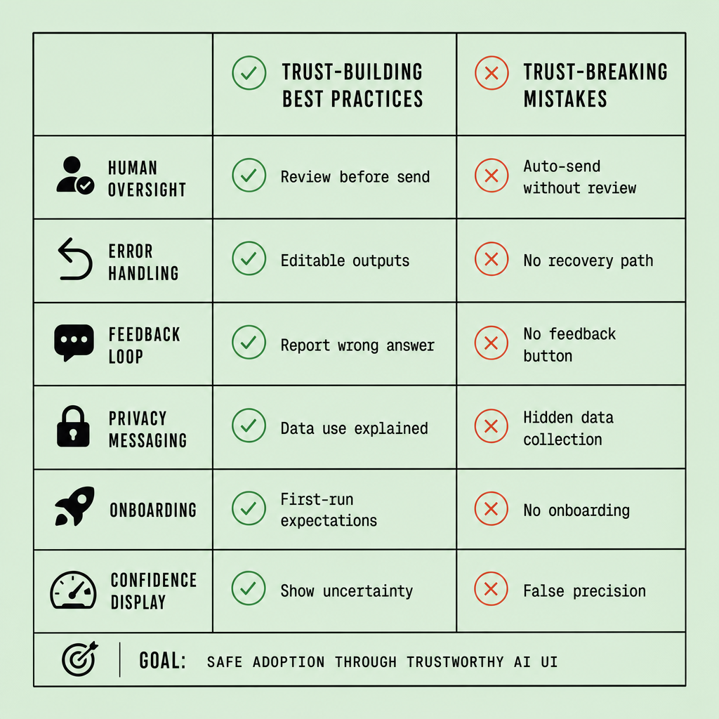 Checklist matrix comparing AI UX design best practices and common mistakes across human oversight, error handling, feedback loops, privacy, onboarding, and confidence display