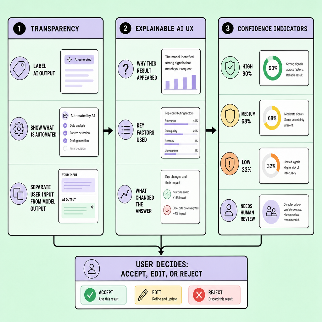 Flowchart showing transparency, explainable AI UX, and confidence indicators feeding into a final decision box with accept, edit, and reject actions