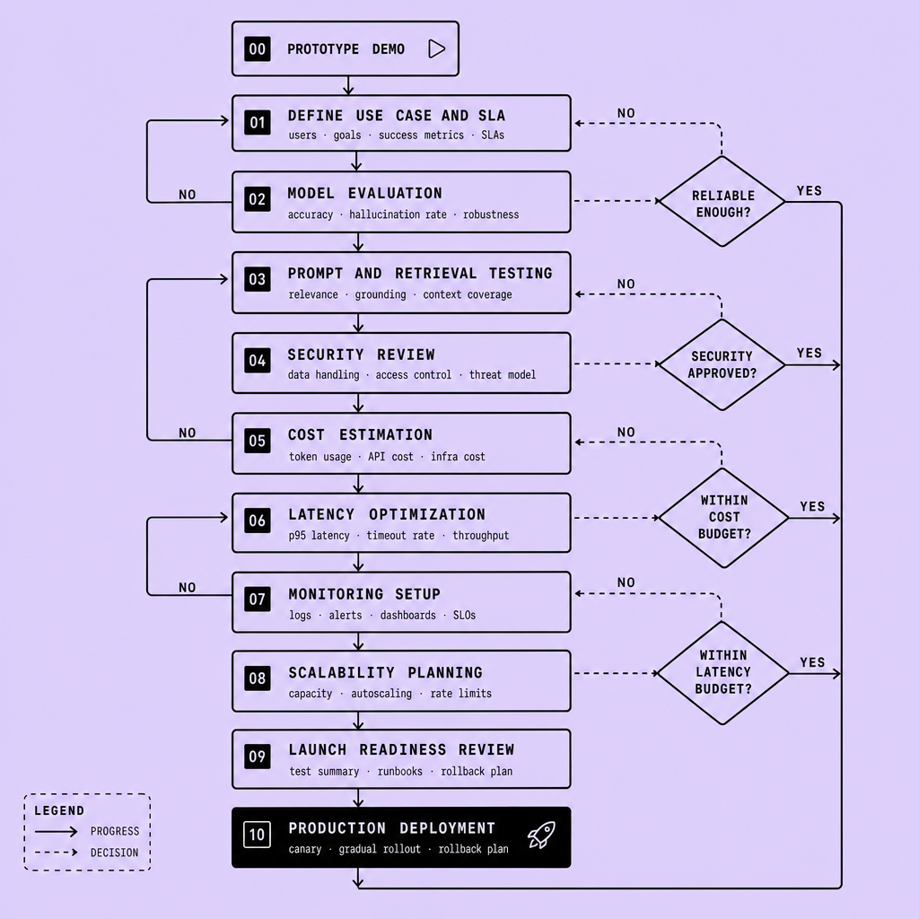 Flowchart showing the path from Prototype Demo to Production Deployment with decision nodes for reliability validation, latency threshold checks, cost budget approval, and security sign-off before release