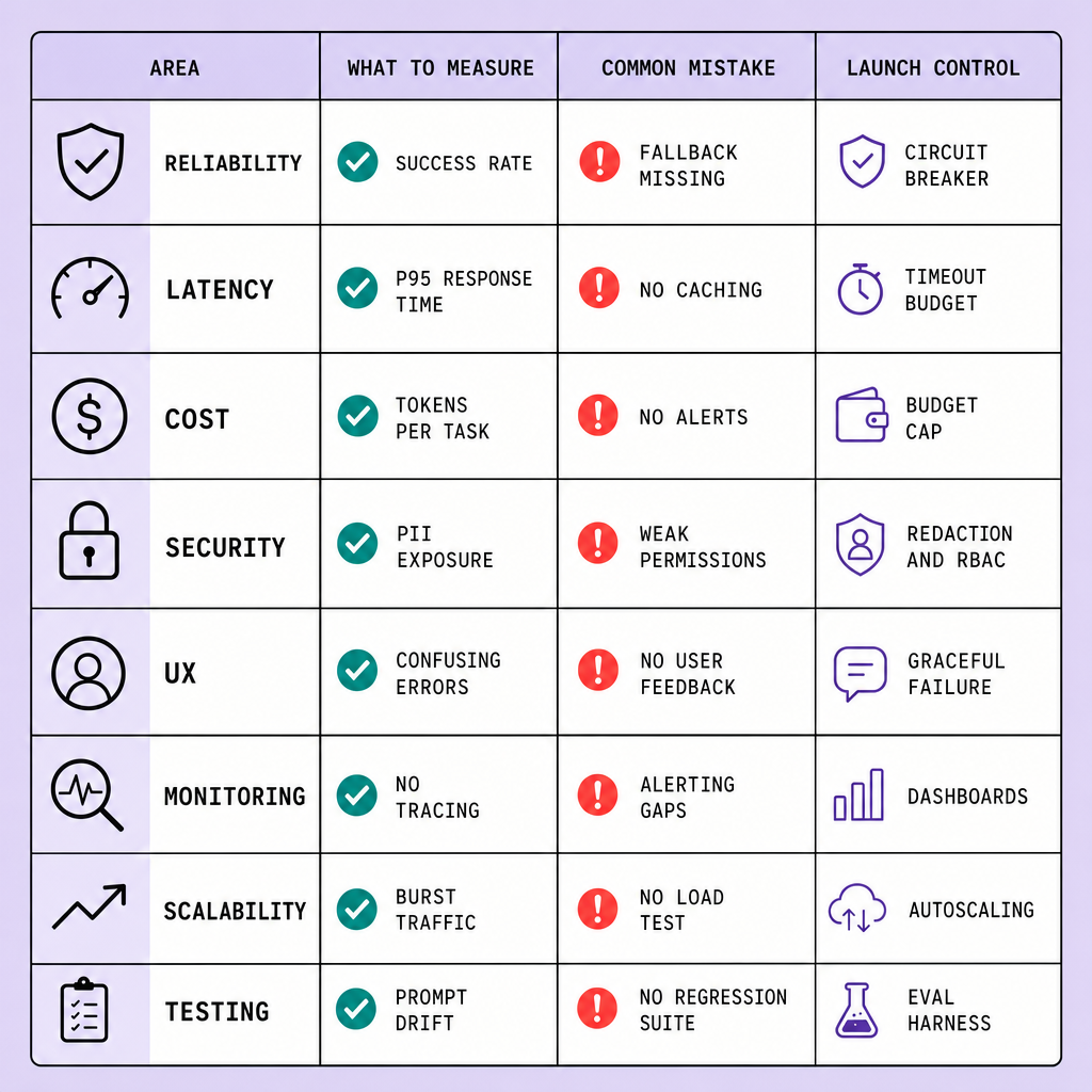 Comparison matrix showing Reliability, Latency, Cost, Security, UX, Monitoring, Scalability, and Testing columns with corresponding measures, common mistakes, and operational controls for production AI systems