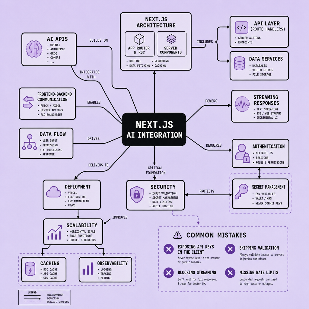 Concept map showing a central Next.js AI integration node connected to architecture, AI APIs, streaming responses, security, scalability, deployment, and common mistakes, with warning labels highlighting risk areas