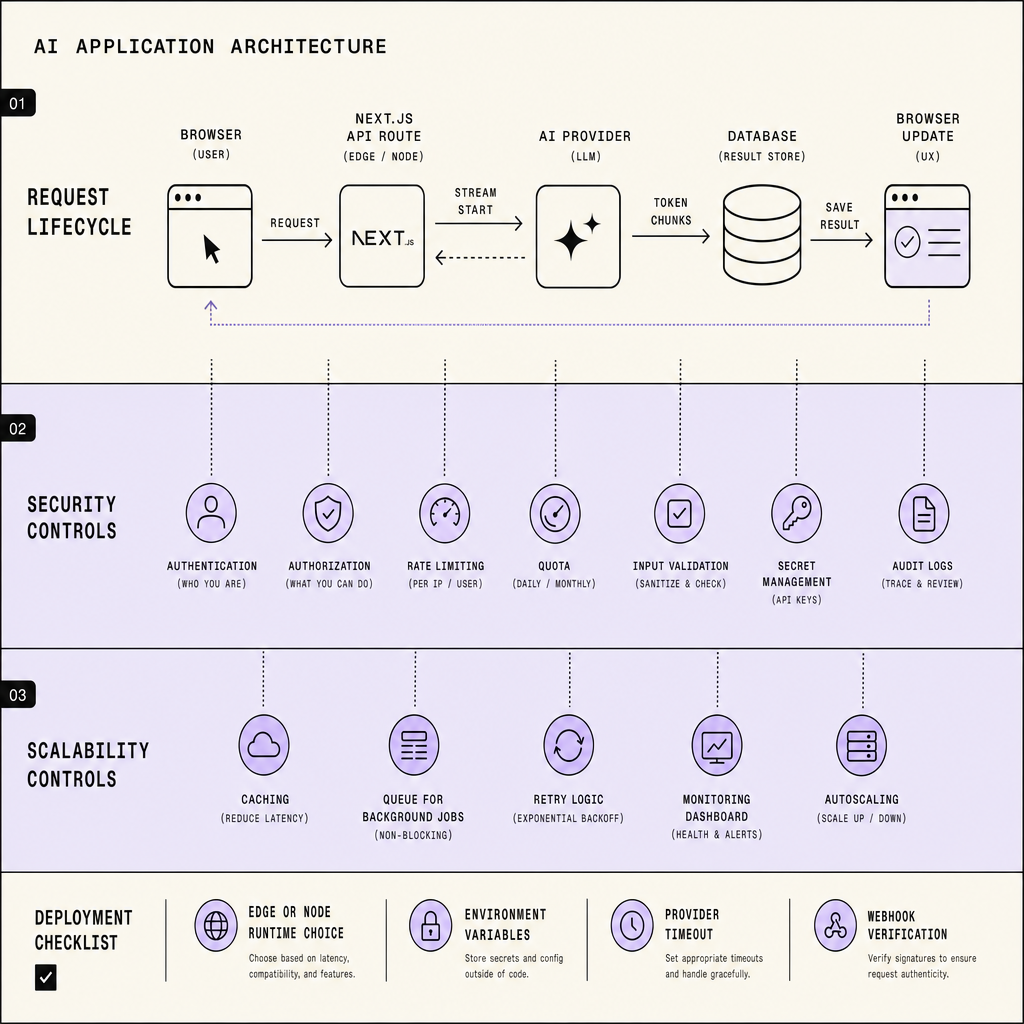 Three-lane infographic showing request lifecycle, security controls, and scalability controls across a Next.js AI app, labeled with authentication, rate limiting, caching, monitoring, token chunks, and a deployment checklist