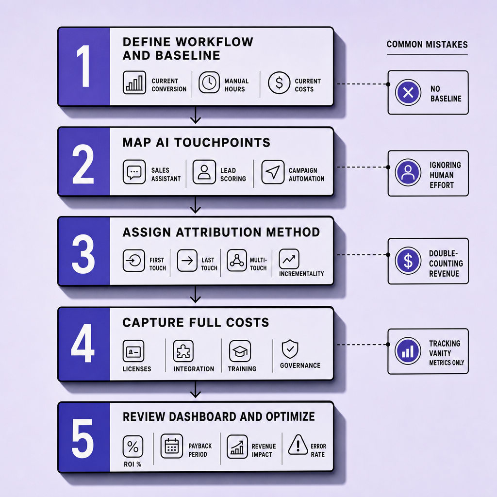 Five-step AI ROI flowchart showing baseline, attribution, full cost capture, dashboard review, and side notes highlighting mistakes such as double-counting revenue and missing a pre-AI baseline