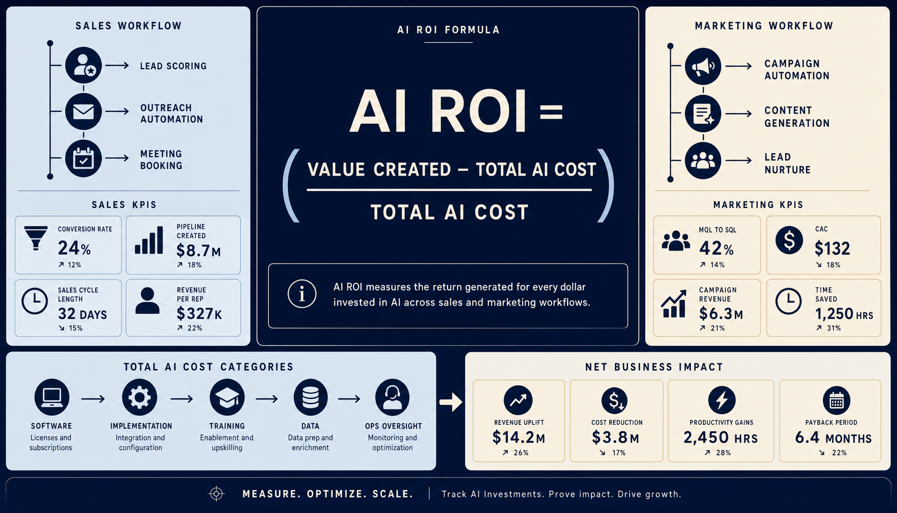 Executive dashboard showing an AI ROI formula, sales and marketing KPI panels, and a cost-versus-value comparison with software, training, revenue uplift, and payback period labels