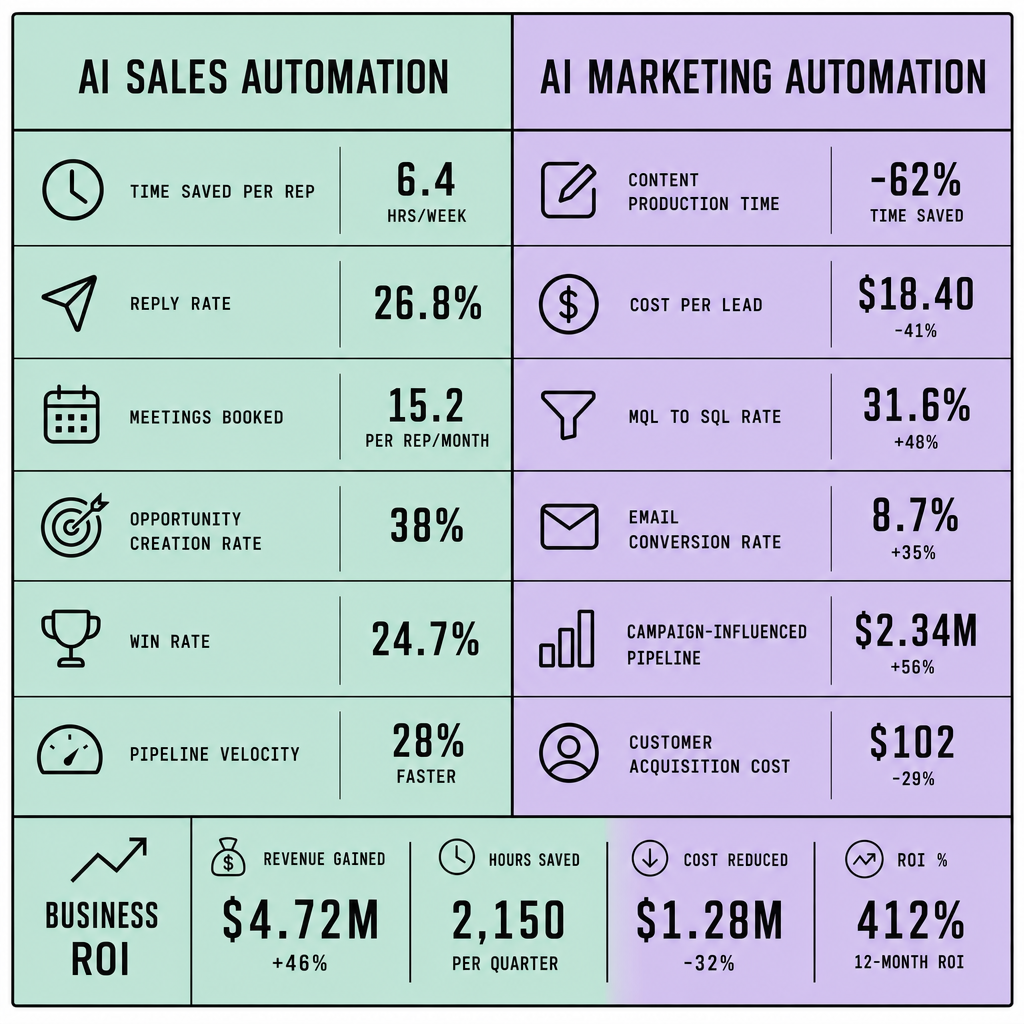 Two-column comparison table showing AI sales automation metrics such as meetings booked and pipeline velocity alongside AI marketing automation metrics such as cost per lead and campaign-influenced pipeline