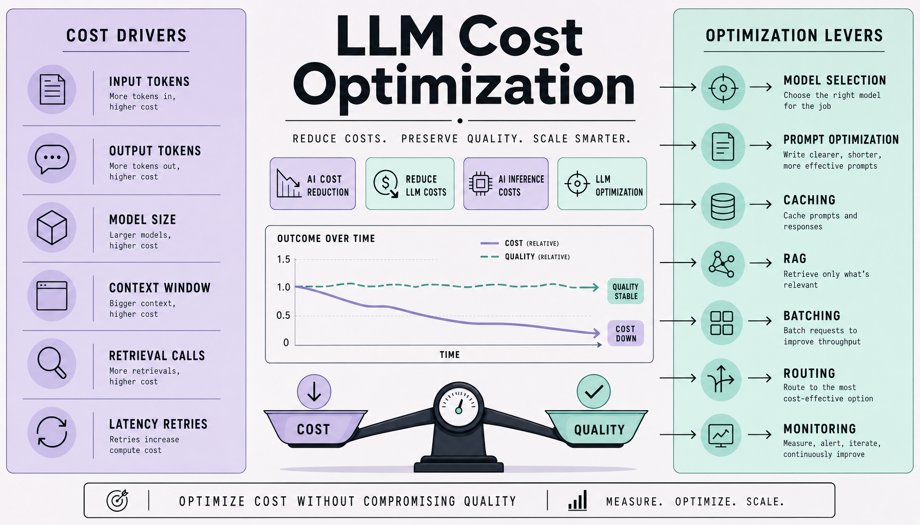 Dashboard showing LLM cost optimization metrics with cost drivers, optimization tactics, and a line chart where total cost declines while quality remains stable