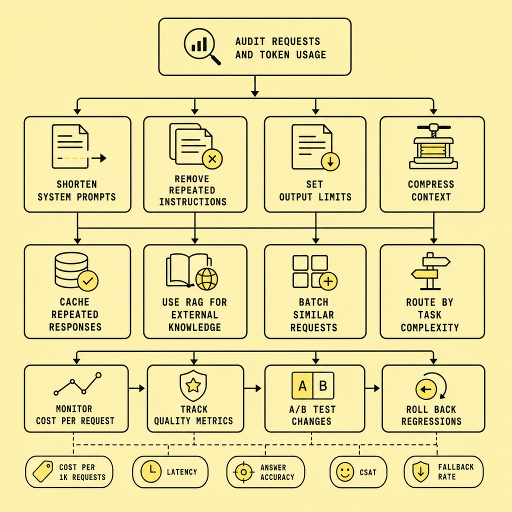 Flowchart showing an LLM optimization process from token audit and prompt shortening to caching, RAG, batching, routing, and ongoing quality monitoring metrics
