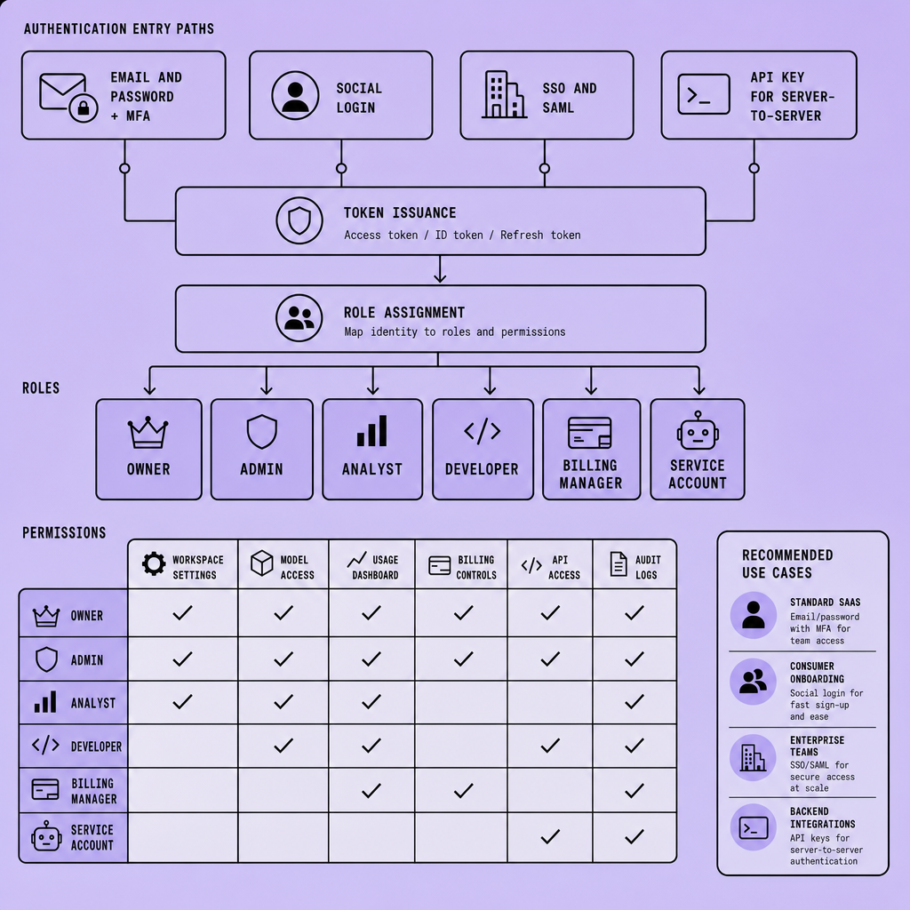Flowchart showing authentication paths for email login with MFA, social login, SSO, and API keys leading to Owner, Admin, Developer, and Billing Manager roles with labeled permissions