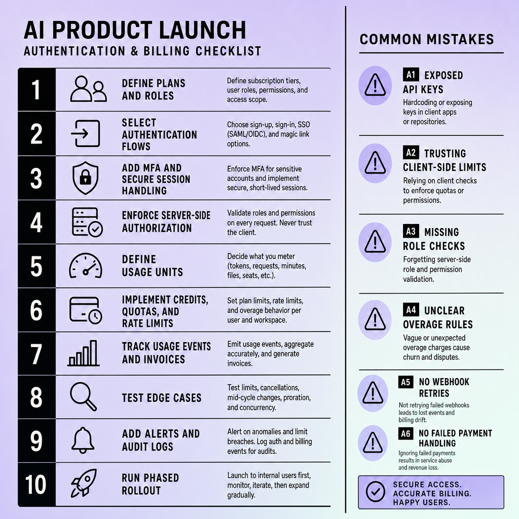 Numbered launch checklist showing steps for plans, roles, MFA, authorization, usage units, credits, quotas, invoices, and alerts, with a warning column for exposed API keys and missing role checks