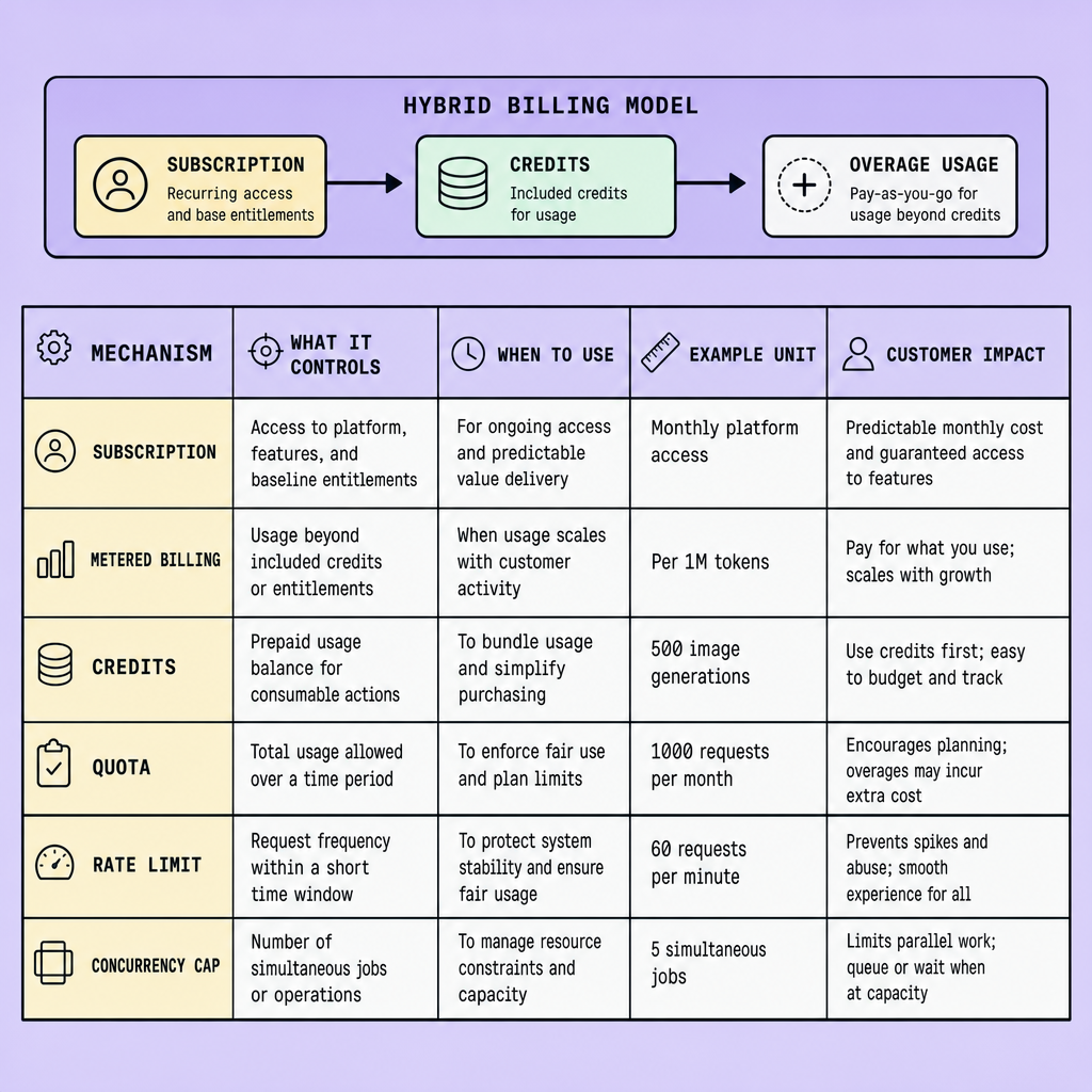 Comparison table showing Subscription, Metered Billing, Credits, Quota, Rate Limit, and Concurrency Cap with example units such as 1M tokens, 60 requests per minute, and 5 simultaneous jobs