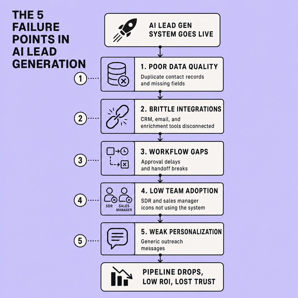 Flowchart of an AI lead gen system launch leading through poor data quality, brittle integrations, workflow gaps, low team adoption, and weak personalization before ending in low ROI and pipeline loss