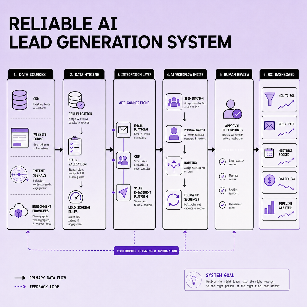 Architecture diagram linking CRM, website forms, and enrichment data into hygiene checks, API integrations, an AI workflow engine, human review checkpoints, and an ROI dashboard tracking reply rate and pipeline metrics