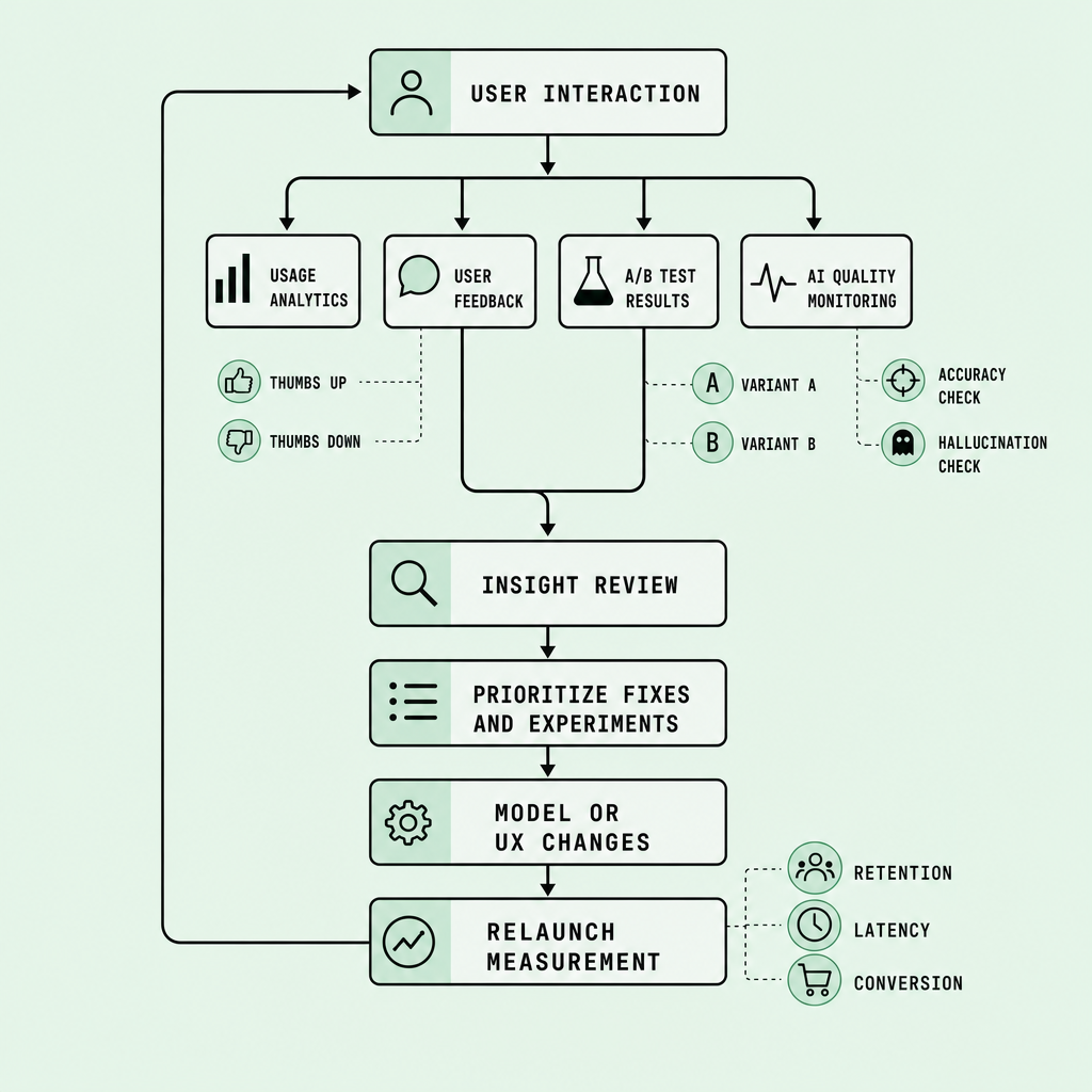 Flowchart showing user interaction feeding into analytics, feedback collection, A/B tests, and quality checks before prioritizing fixes, shipping product changes, and remeasuring retention and conversion