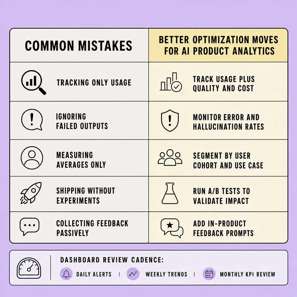 Comparison table showing common AI analytics mistakes versus better optimization actions, including quality monitoring, cohort analysis, A/B testing, and dashboard review cadence
