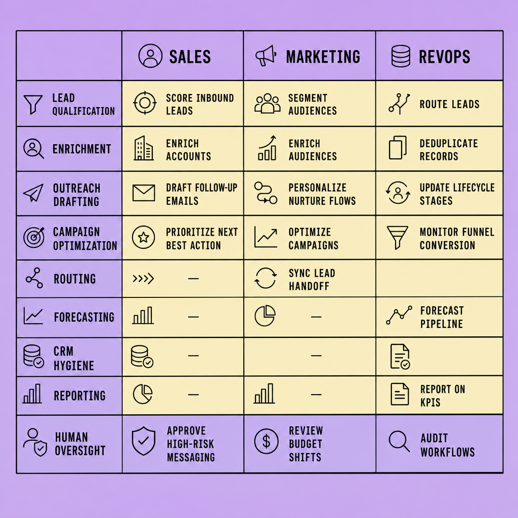 Feature matrix showing Agentic GTM tasks across Sales, Marketing, and RevOps, including lead qualification, enrichment, outreach drafting, campaign optimization, routing, forecasting, CRM hygiene, and reporting