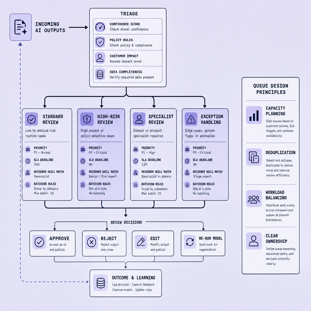 Flowchart showing AI outputs triaged into standard, high-risk, specialist, and exception review queues, each with SLA deadlines, reviewer actions, and escalation routing for unresolved cases
